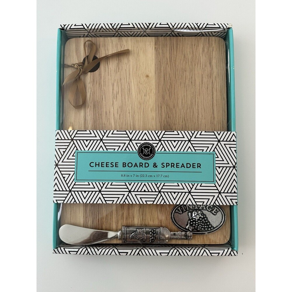 MODERN EXPRESSIONS Wood Cheese Board Metal Spreader Gift Box Set Vintage NEW